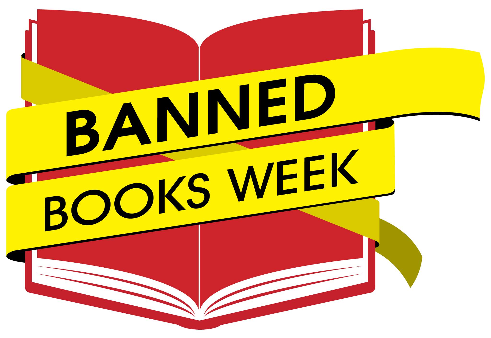 Red book with yellow ribbon wrapping around it. Ribbon displays the text 'banned book week'